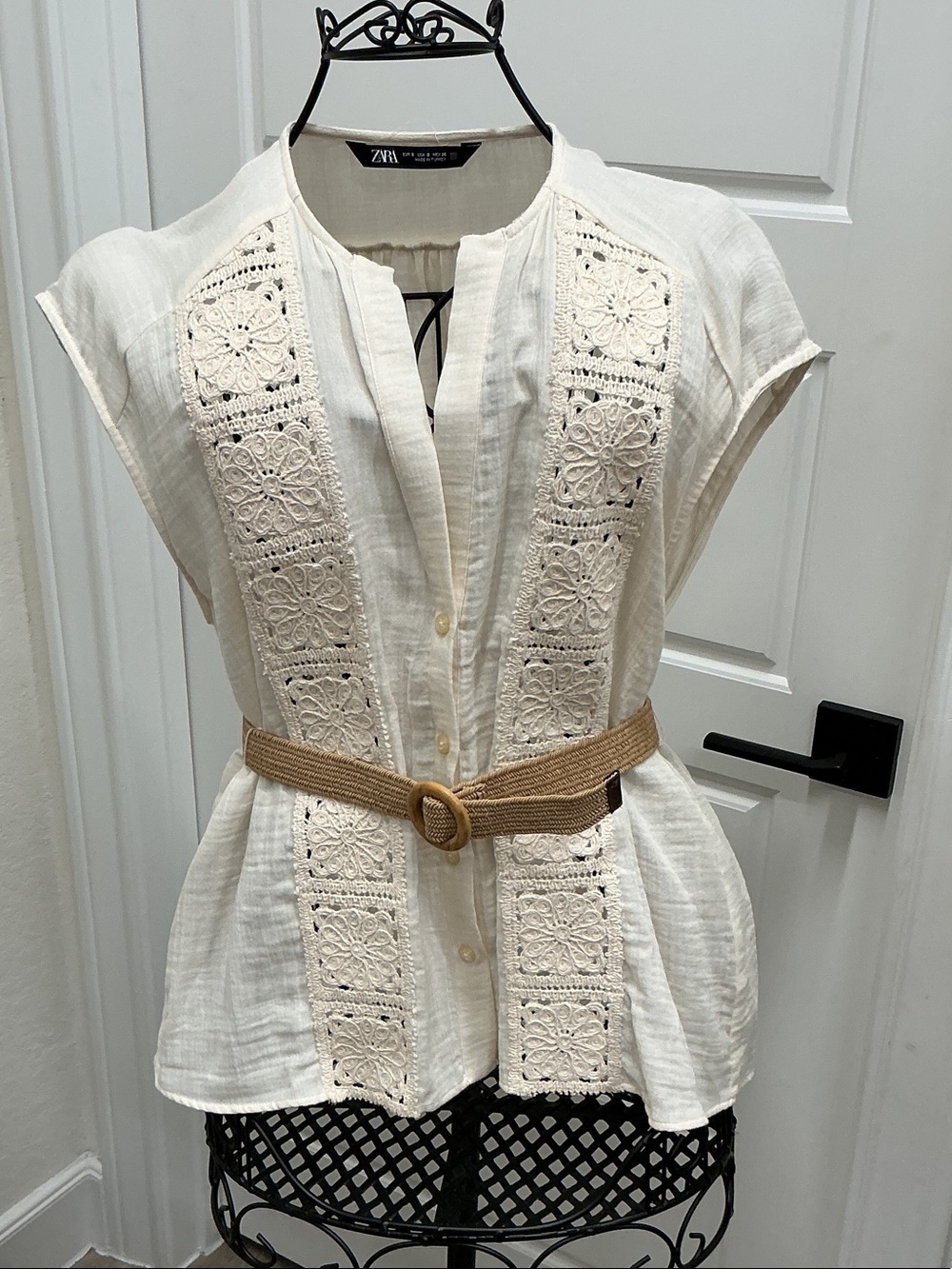 Zara Cream Crochet-Panel Button Front Blouse